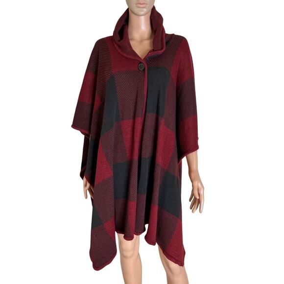Kimberly C. Poncho one pocket red/black plaid NEW hooded no arm holes OSFM - Picture 2 of 11